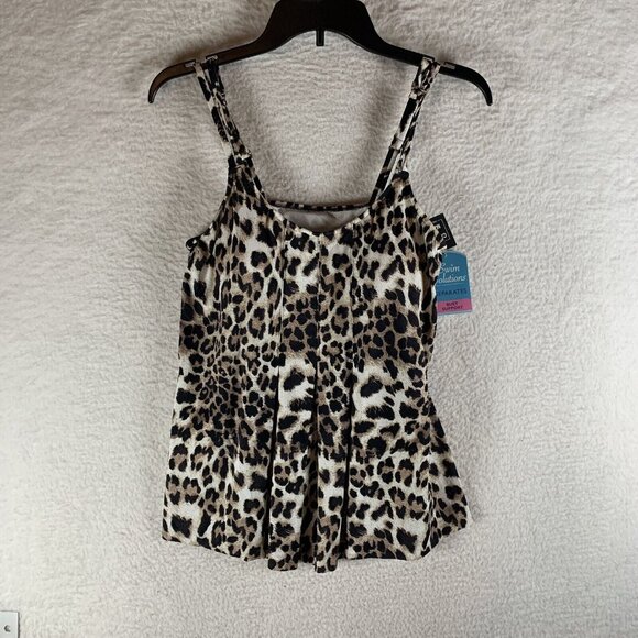 Swim Solutions Tankini Top Women 14 Tan Beige Leopard Pleat-Front Swimwear Beach - Picture 1 of 5